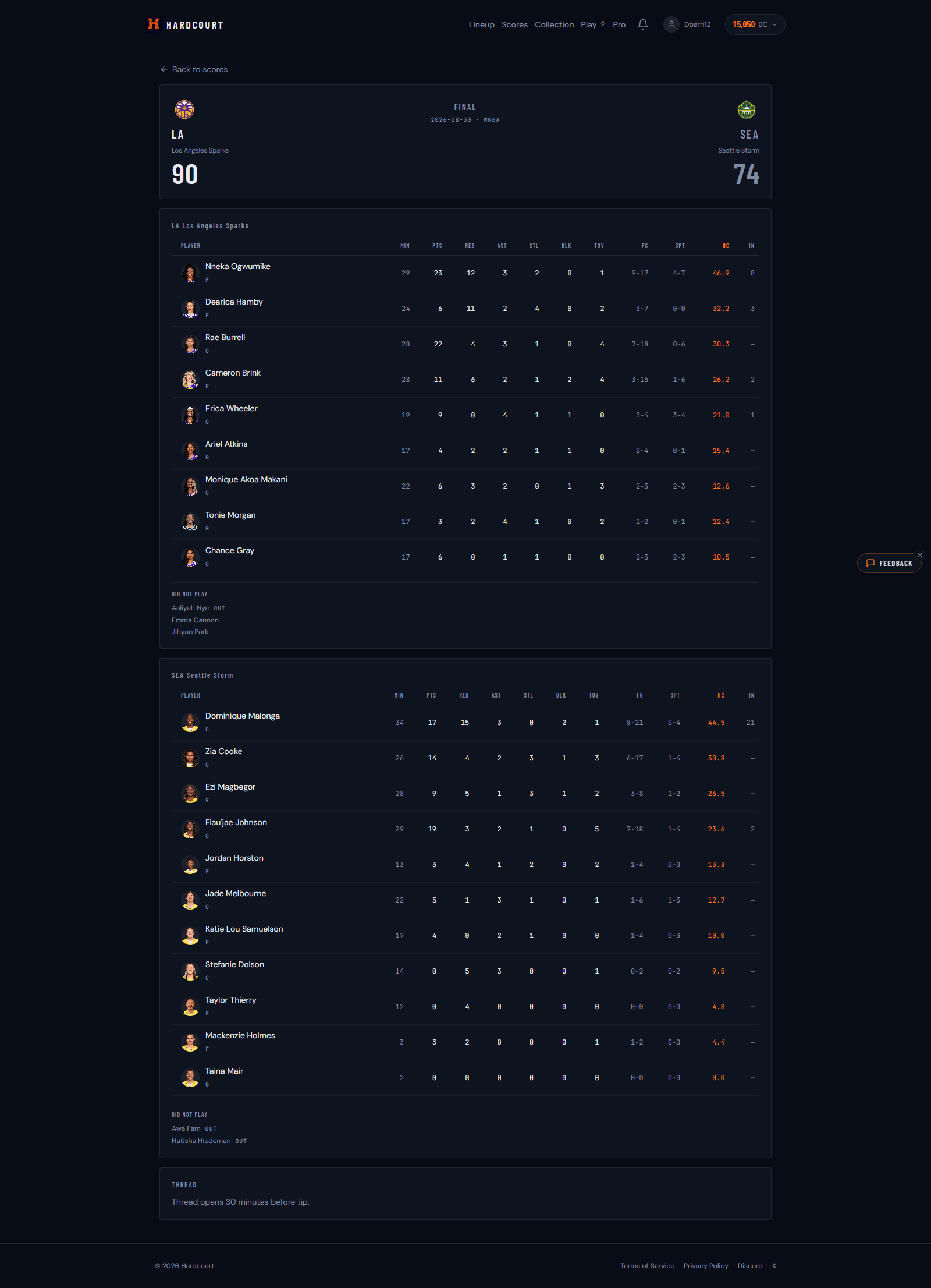 A game page with the box score and the live thread
