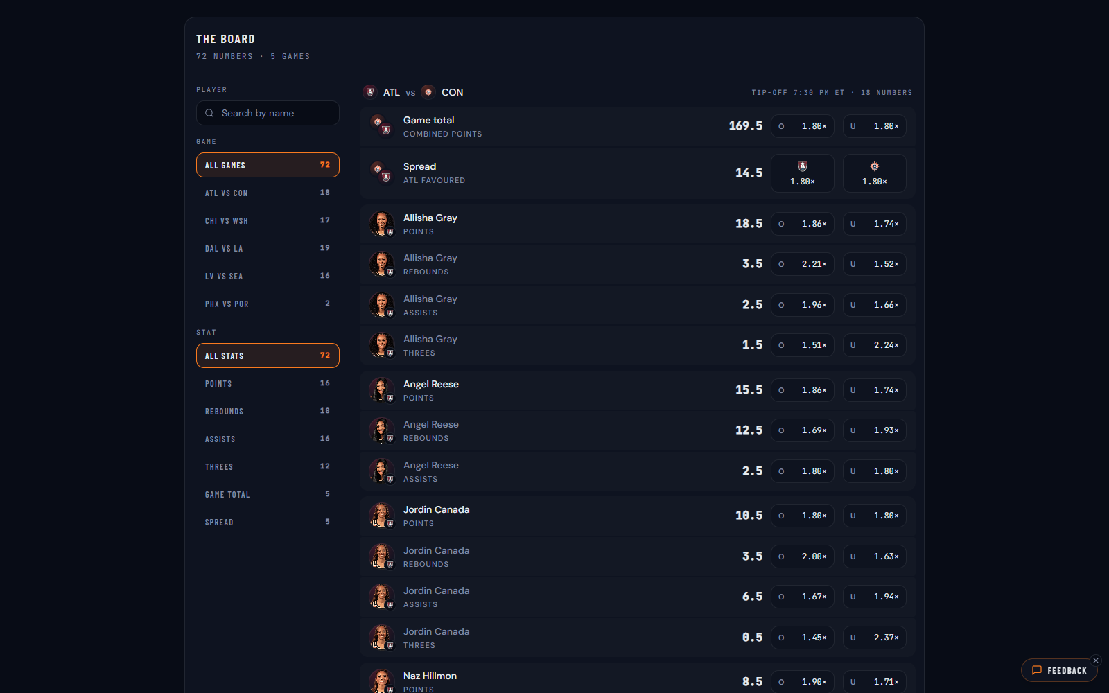 The Pickup hub showing Thursday's featured lines and the board