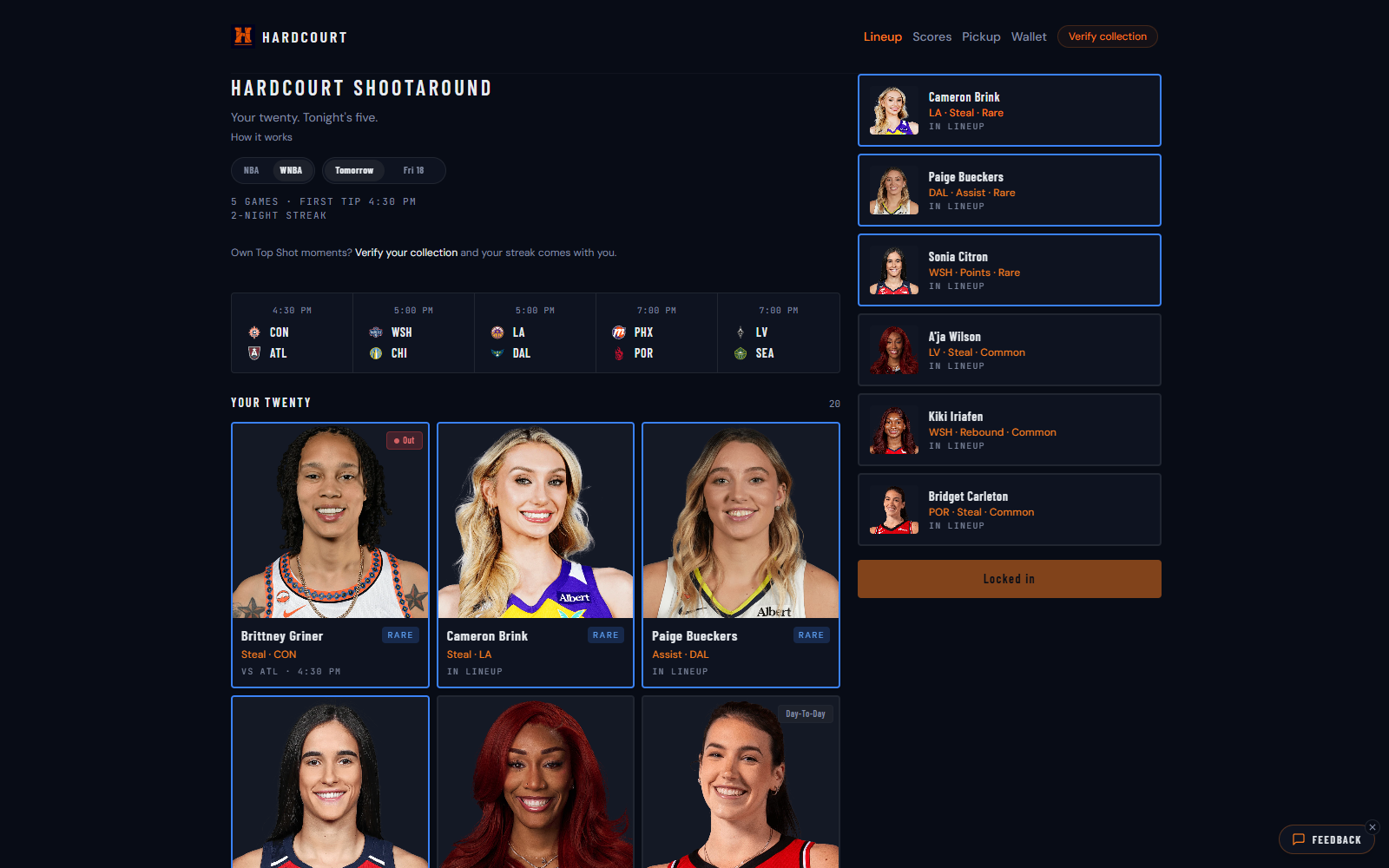 The Hardcourt Shootaround lineup builder with a pack and tonight's free agents