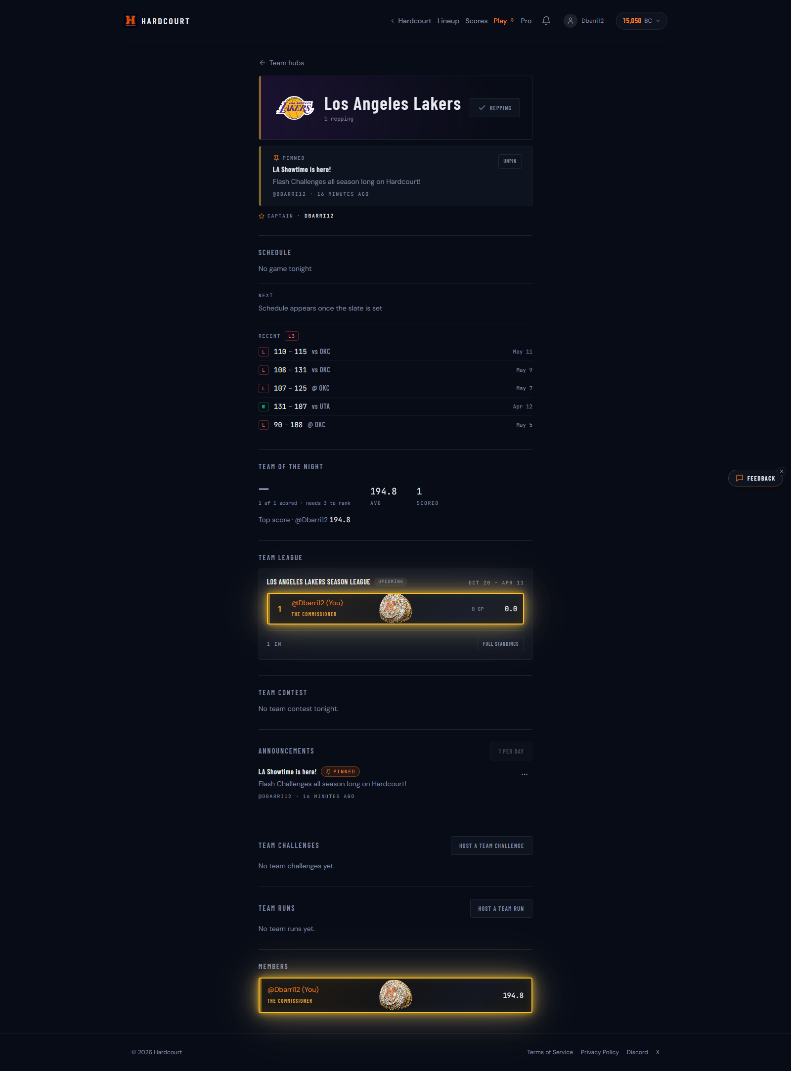 A team hub page with its schedule card and captain pin